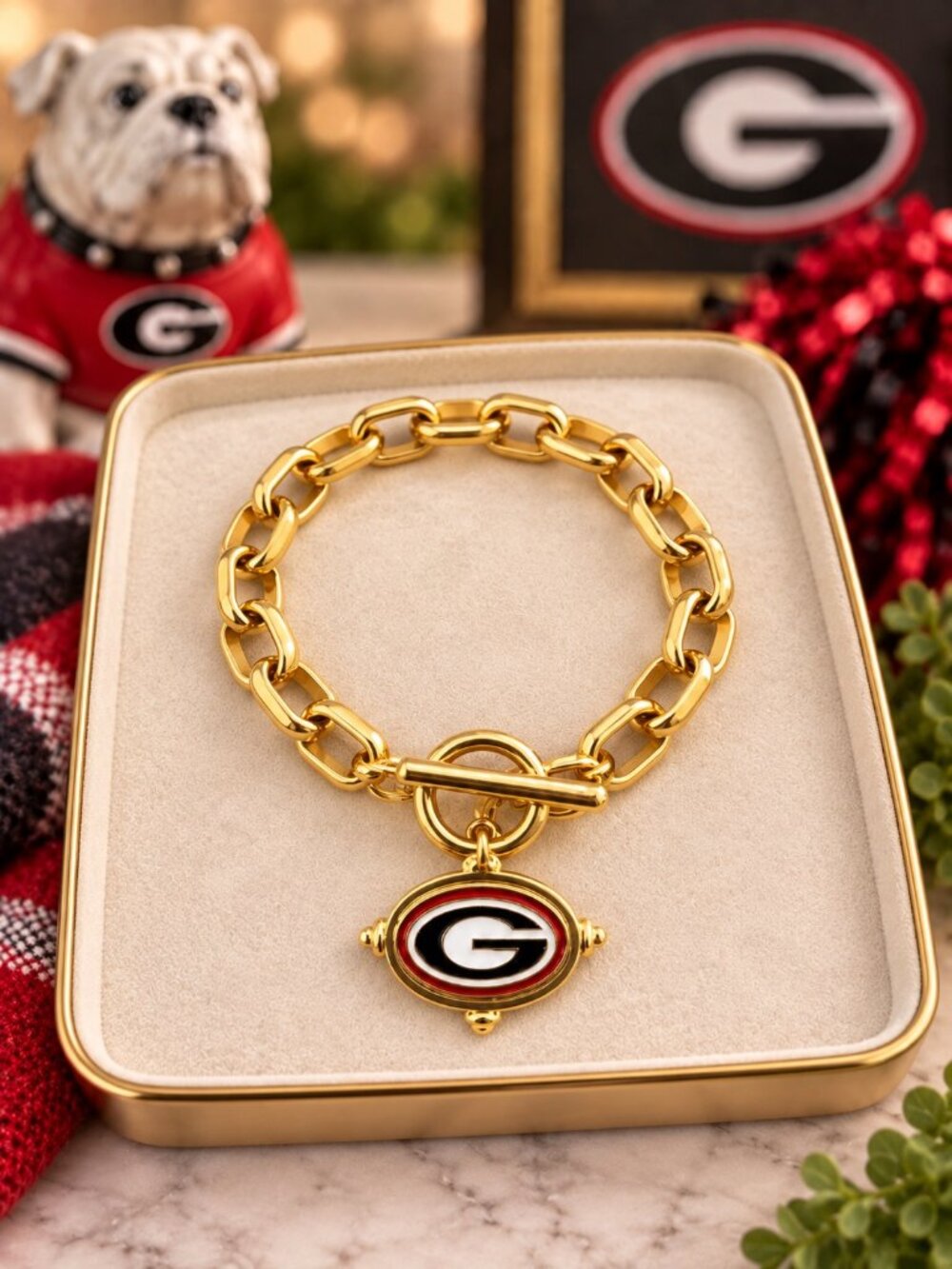 Georgia G Bracelet, Gold Toggle Bracelet, Georgia Bulldogs Jewelry, Red Black Ga